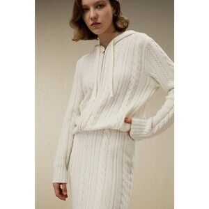 LILYSILK Bela Cable Knit Merino Wool Cashmere Hoodie Sweater Cardigan Ivory M